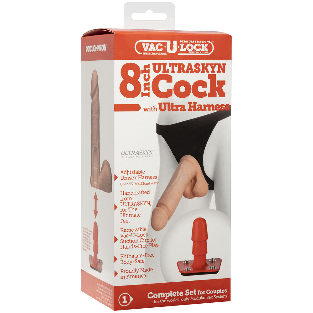 VacULock Black 8 Inch Realistic Dildo with Ultra Harness
