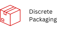 A red package box with discrete packaging written next to it
