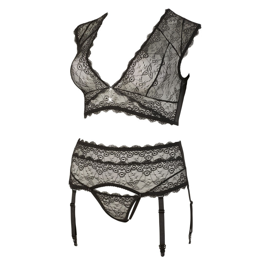 Cottelli Black Plus Size Lace Bralette and Suspender Set