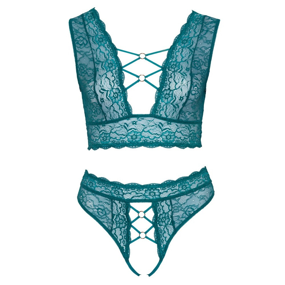 Cottelli Curves Teal Lace Bralette and Crotchless Thong Set