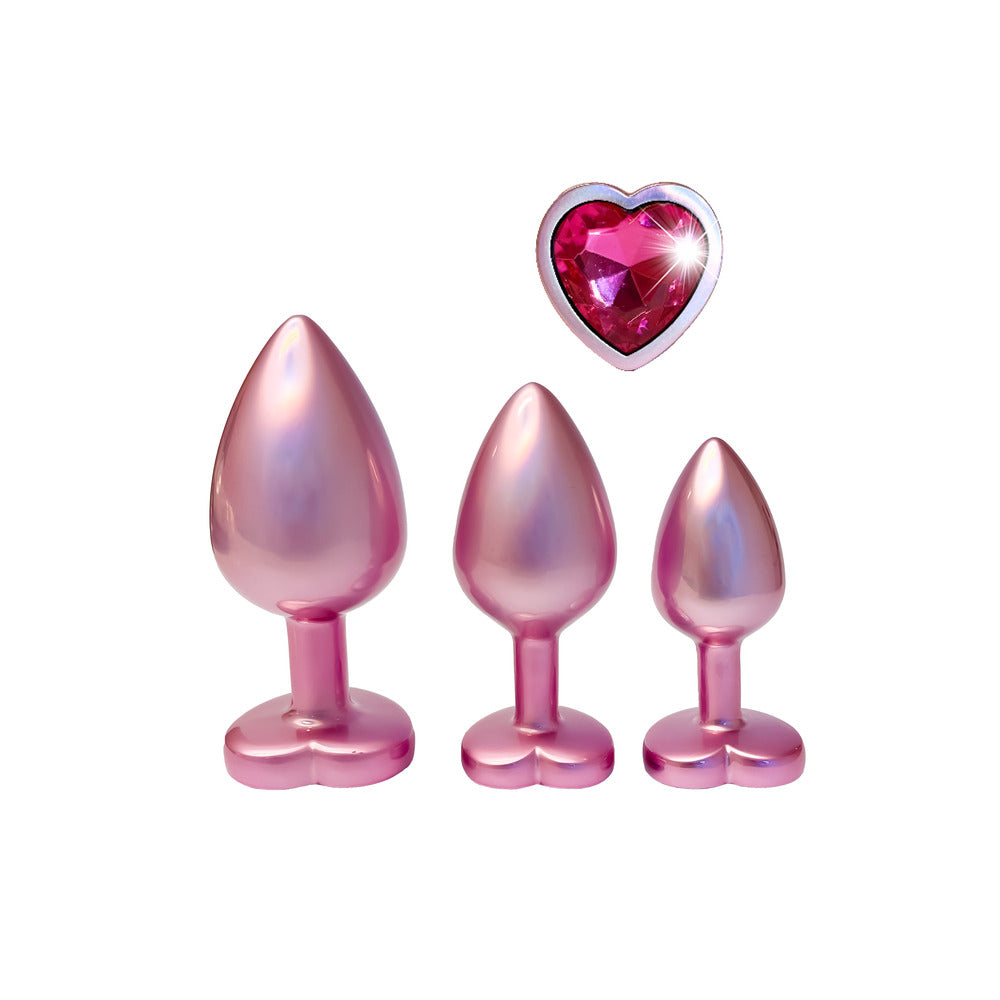 Gleaming Love Pink Aluminum Butt Plug Set with Heart Gemstone