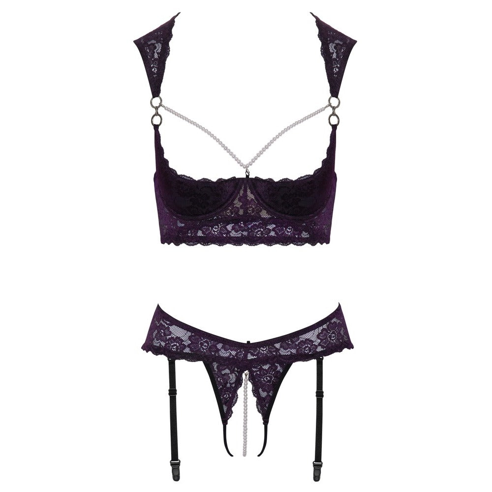 Cottelli LINGERIE Dark Purple Lace Cupless Crotchless Bra Set