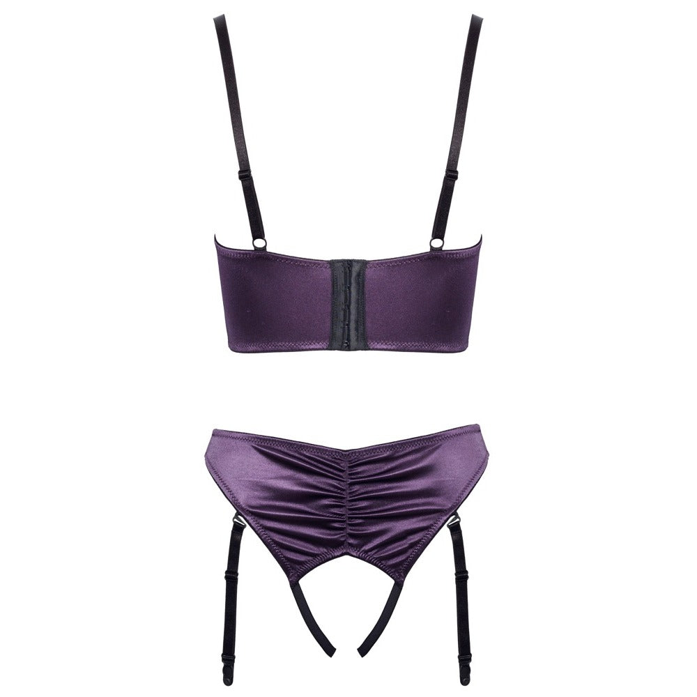 Cottelli Dark Purple Satin Quarter Cup Bra Set Thong