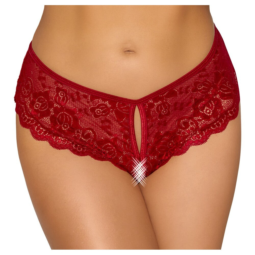 Cottelli Red Floral Lace Crotchless Panty with Satin Ribbon Lacing