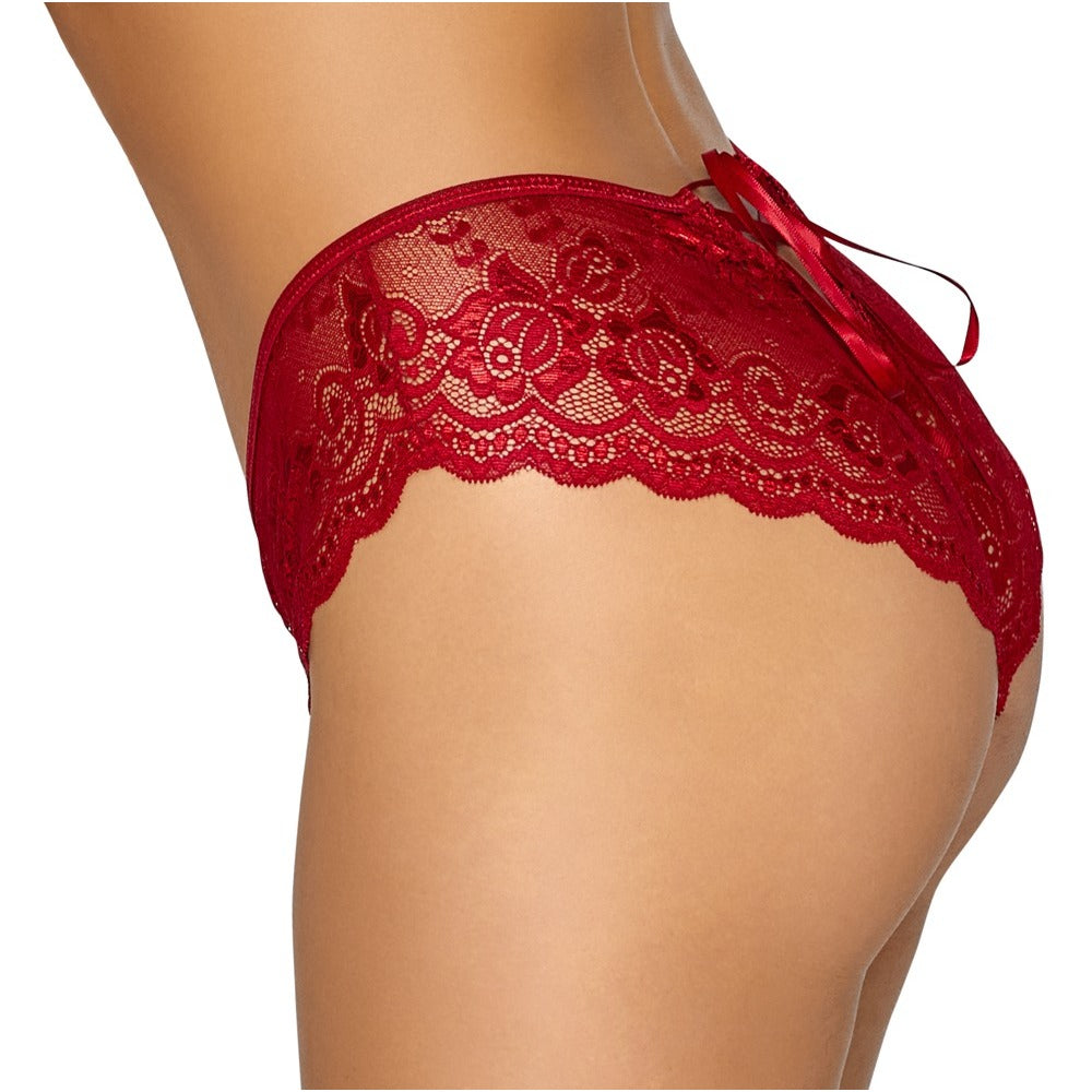 Cottelli Red Floral Lace Crotchless Panty with Satin Ribbon Lacing