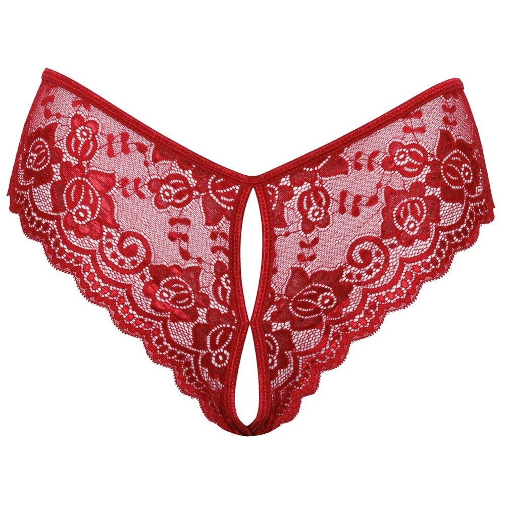 Cottelli Red Floral Lace Crotchless Panty with Satin Ribbon Lacing