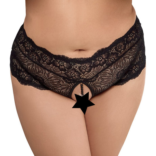 Cottelli Curves Black Floral Lace Panties with Pearl Chain
