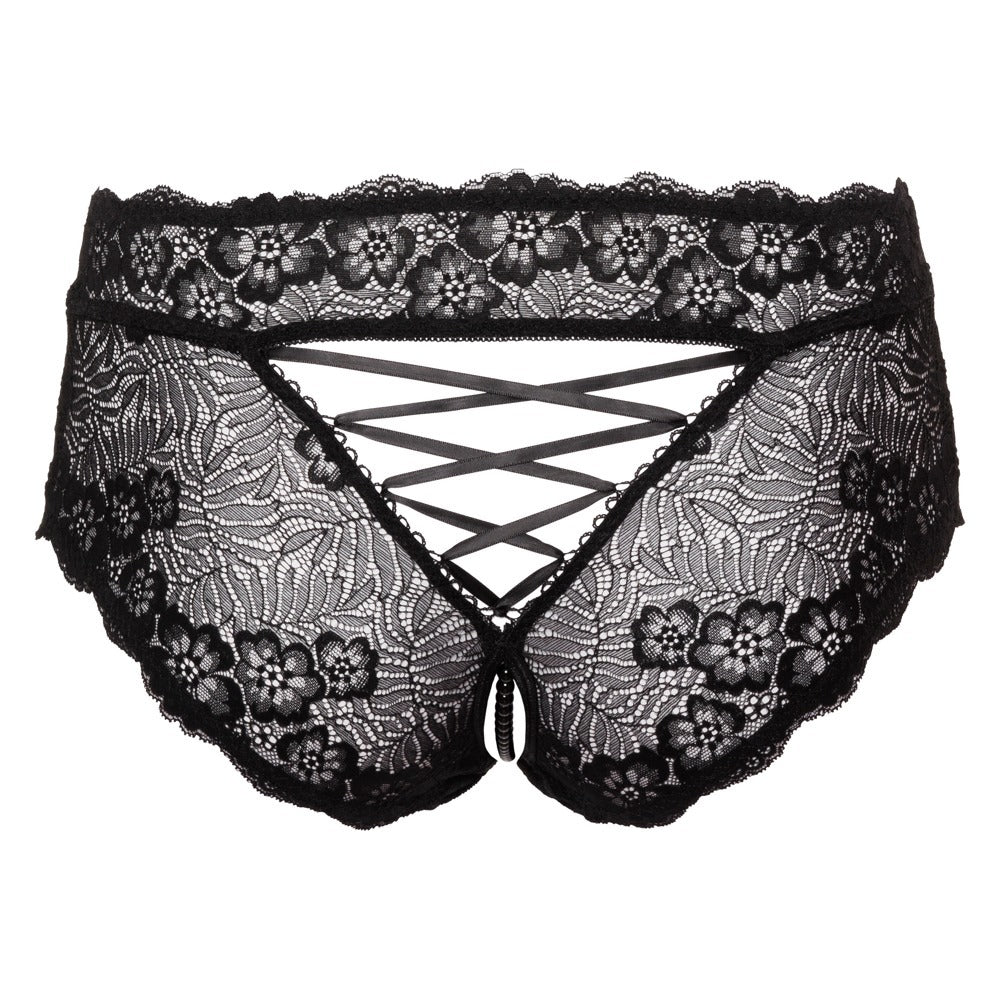 Cottelli Curves Black Floral Lace Panties with Pearl Chain