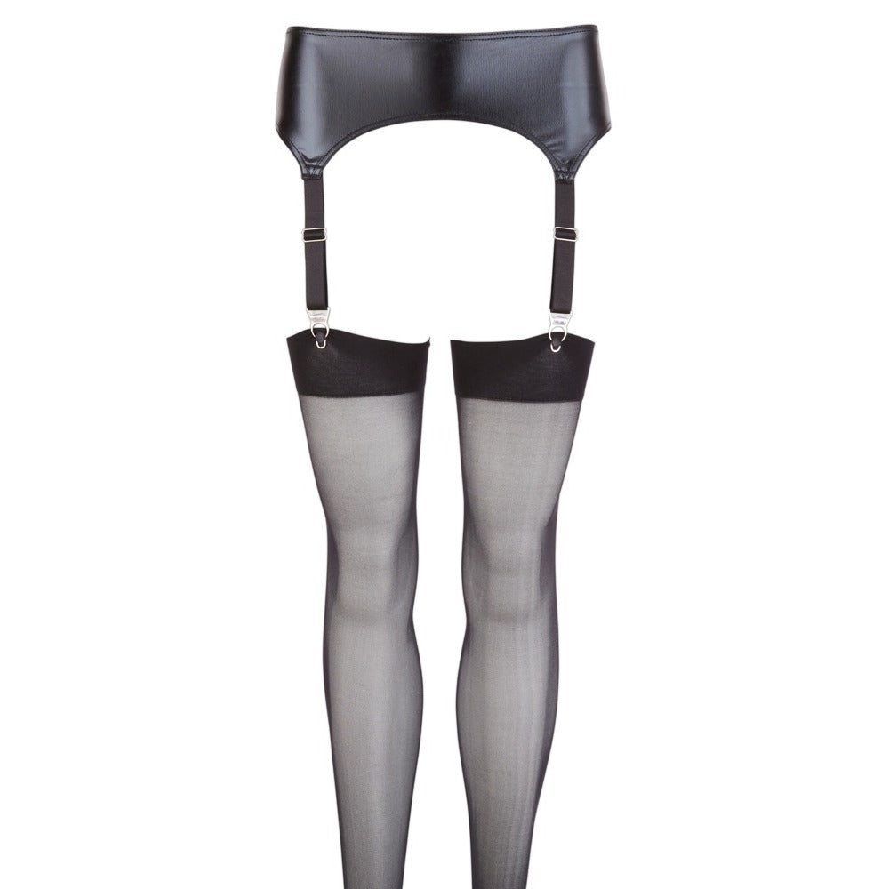 NOXQSE Black Wet Look Suspender Belt and Stockings Set