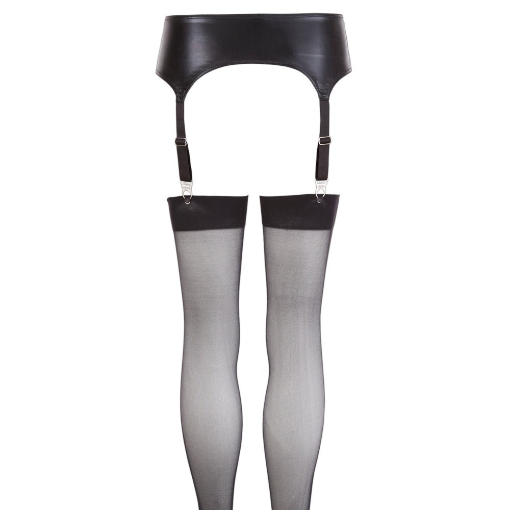 NOXQSE Black Wet Look Suspender Belt and Stockings Set