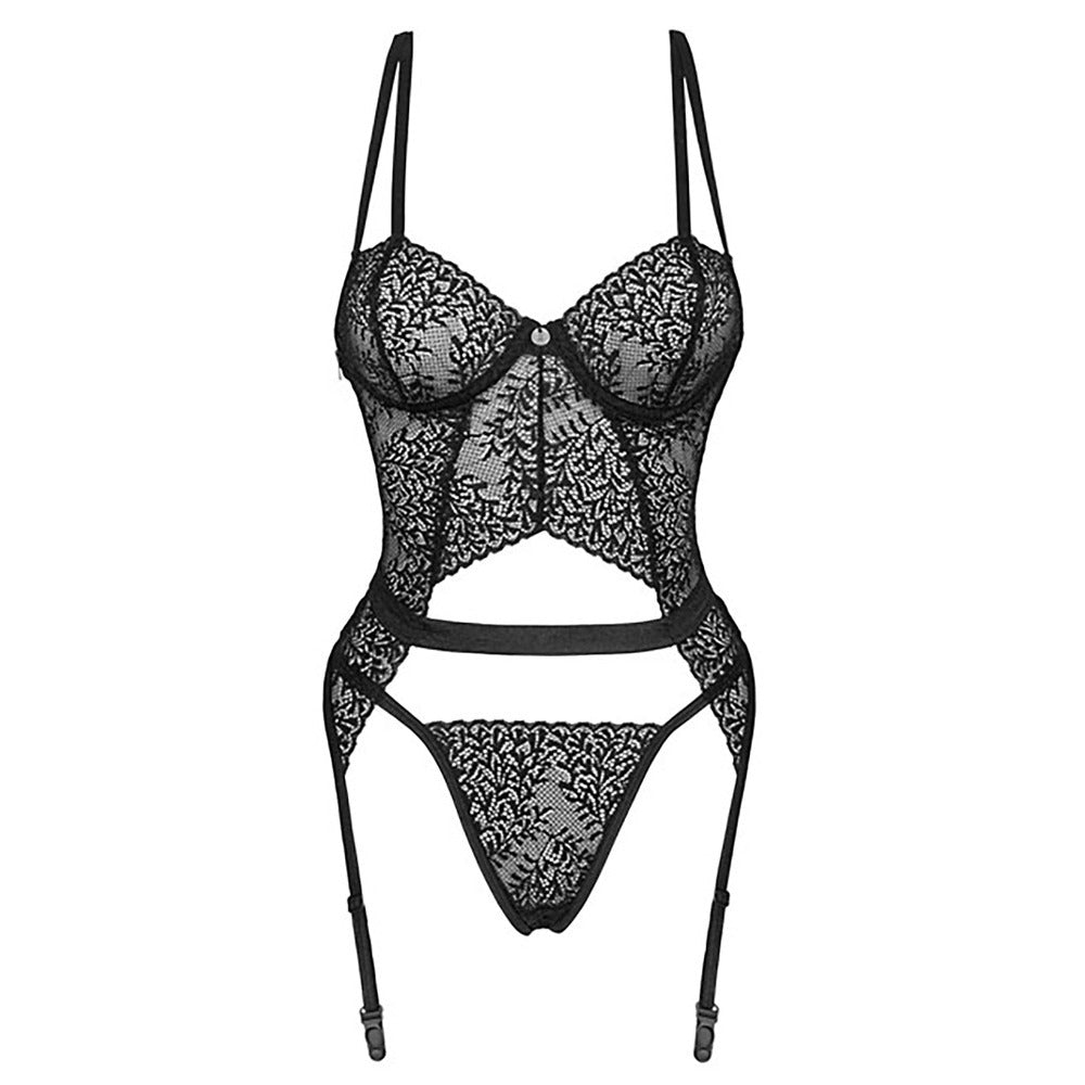Obsessive Black Lace Corset Yaskana Set with Adjustable Straps