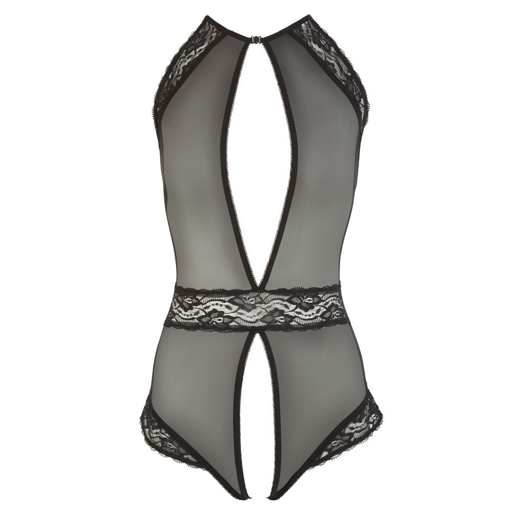 Cottelli Black Sheer Crotchless Bodysuit with Lace Accents