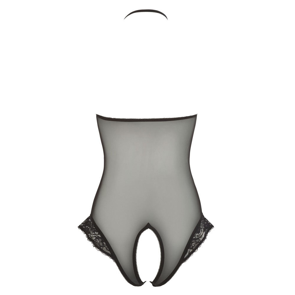 Cottelli Black Sheer Crotchless Bodysuit with Lace Accents