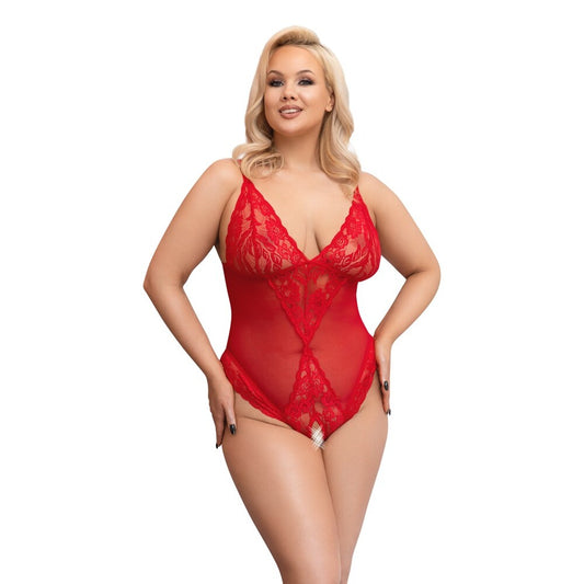 Cottelli Curves Red Crotchless Body with Lace Inserts