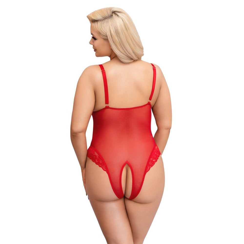Cottelli Curves Red Crotchless Body with Lace Inserts