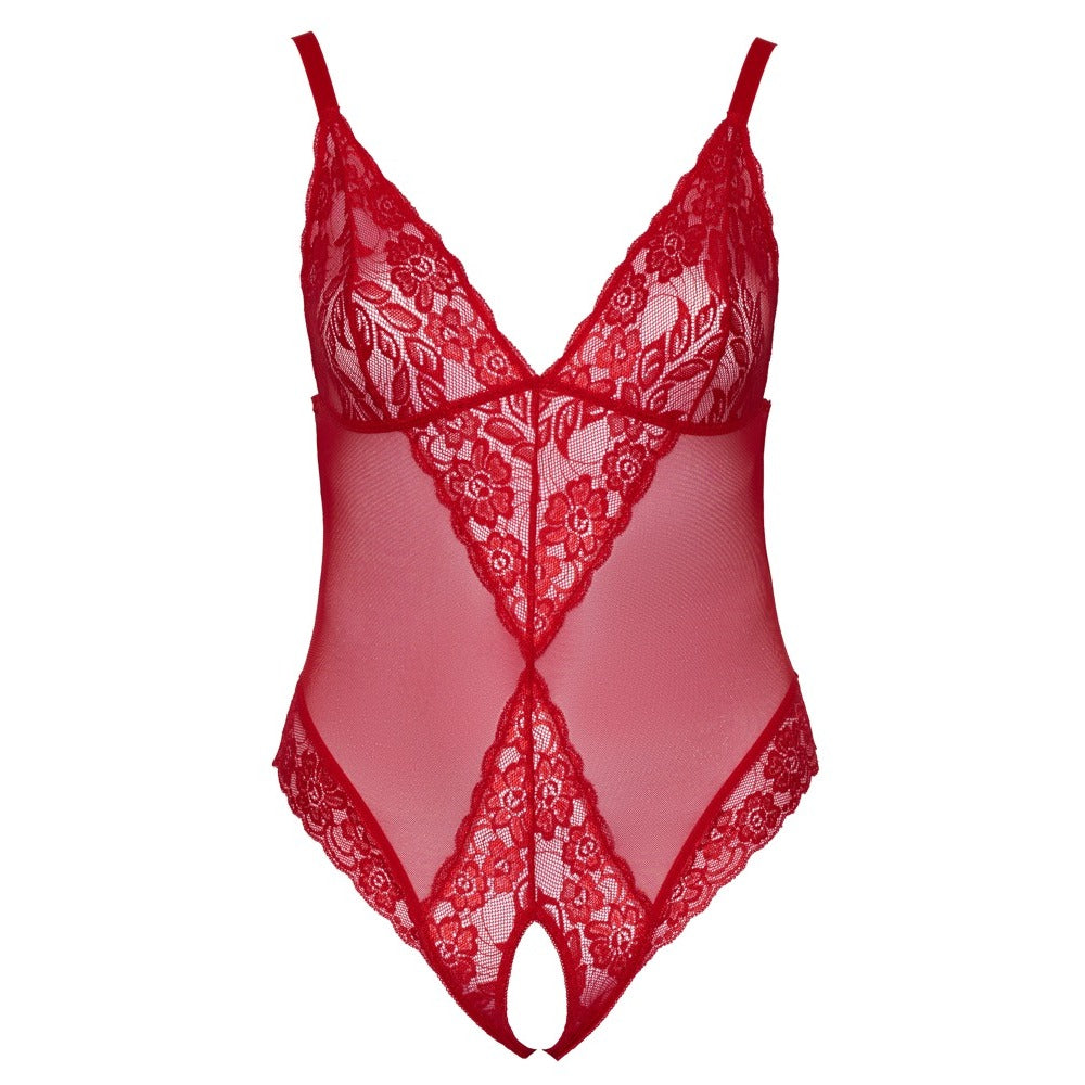 Cottelli Curves Red Crotchless Body with Lace Inserts