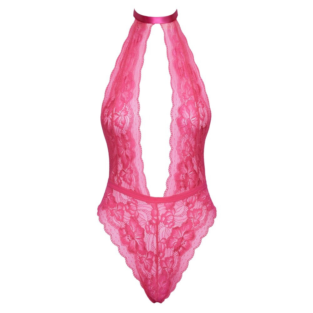 Kissable Pink Lace Halterneck Body with Cut-Out Design