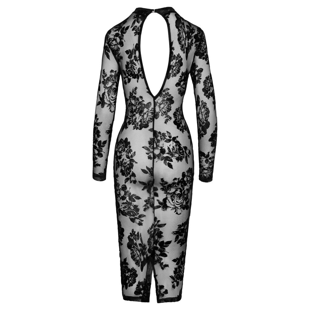 Elegant Noir Floral Stretch Tulle Dress with Cut-Out Back