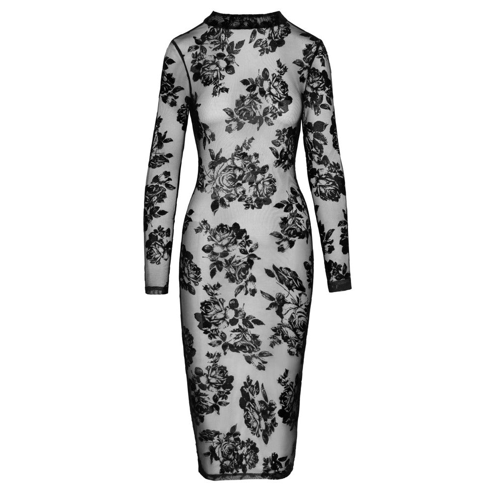 Elegant Noir Floral Stretch Tulle Dress with Cut-Out Back