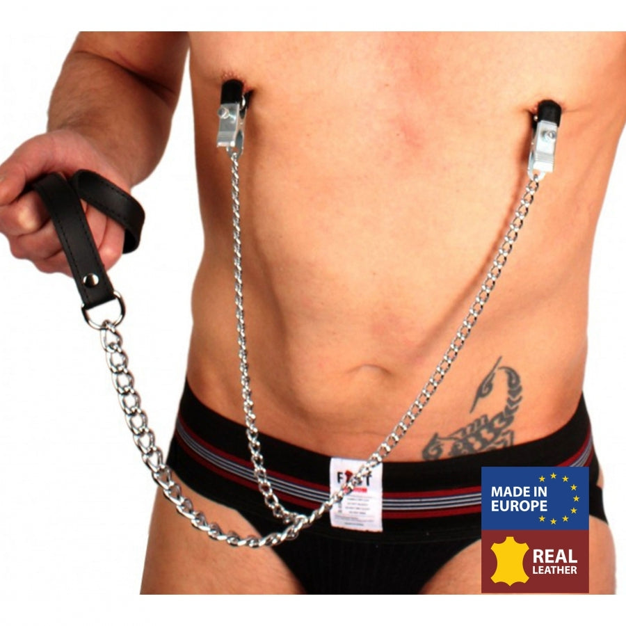 Exquisite Leather Black Nipple Clamps with 40cm Chain