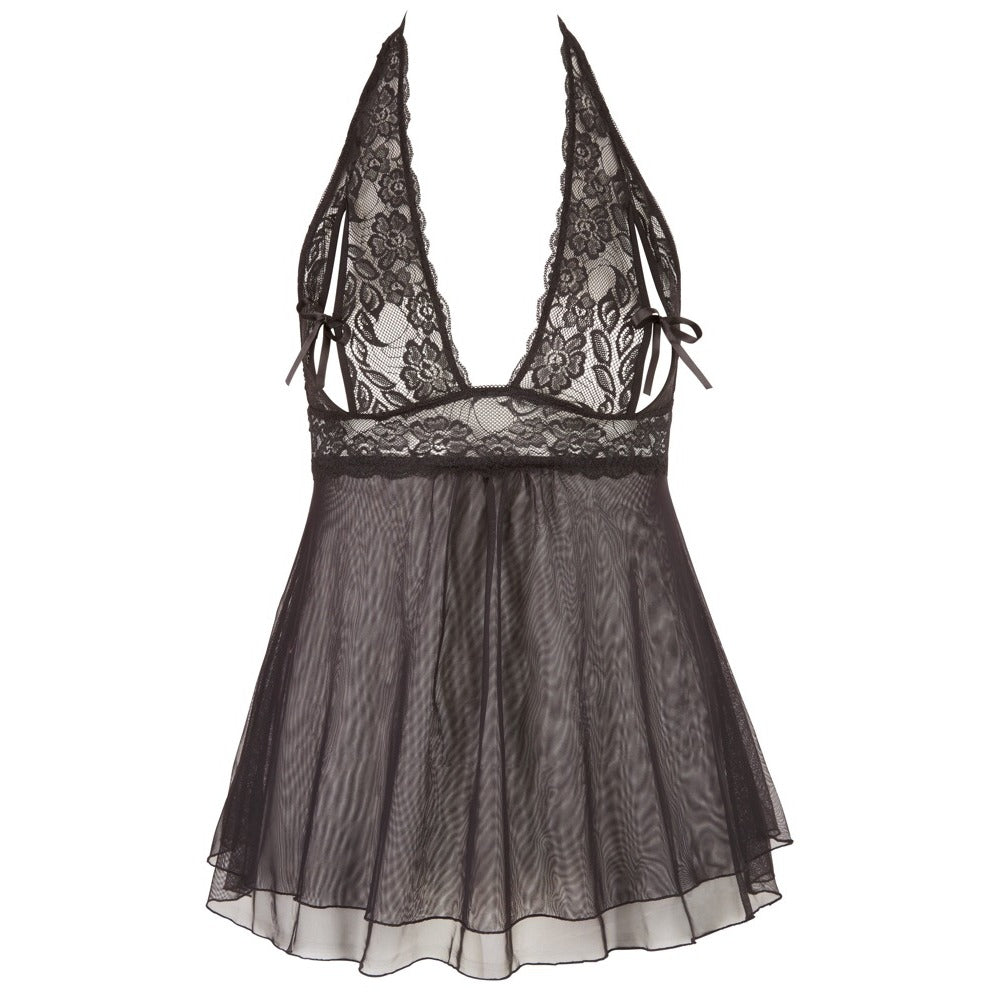 Cottelli Black Plus Size Halter Neck Babydoll with Slit Cups