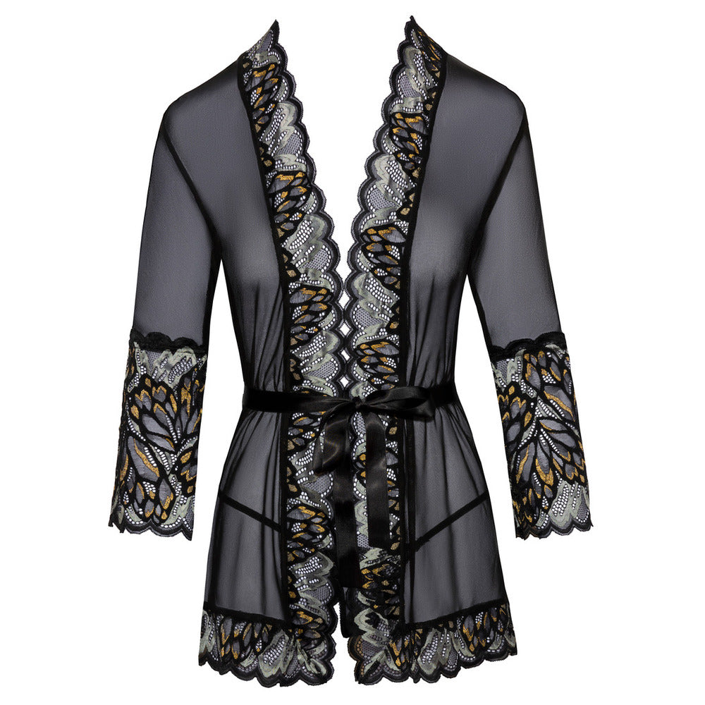 Elegant Dreams Black Lace Kimono with Satin Belt 34 Sleeves