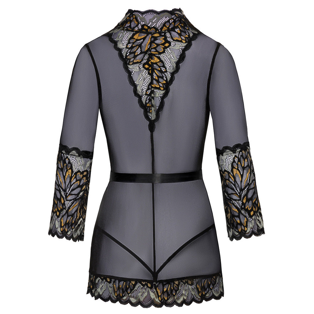 Elegant Dreams Black Lace Kimono with Satin Belt 34 Sleeves