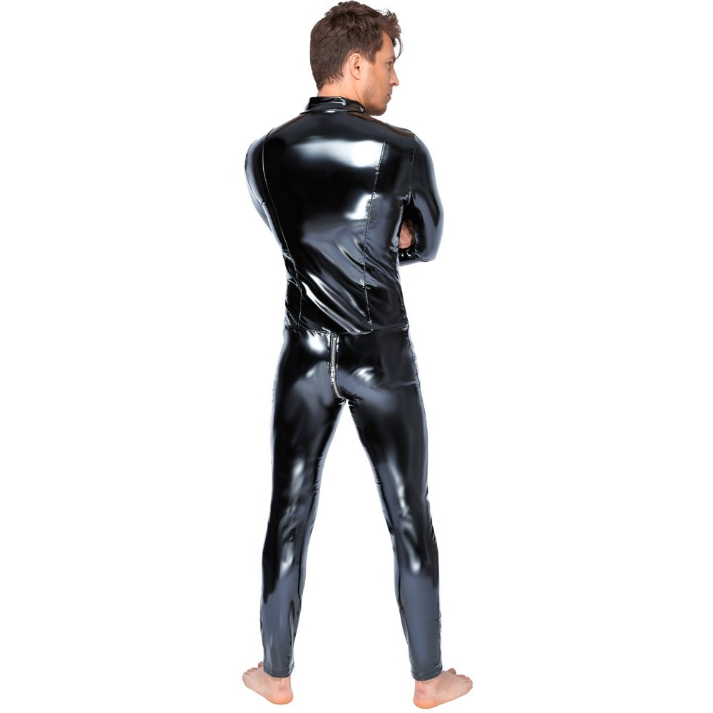 Level Black Zip-Front Vinyl Jumpsuit with Elegant Sheen