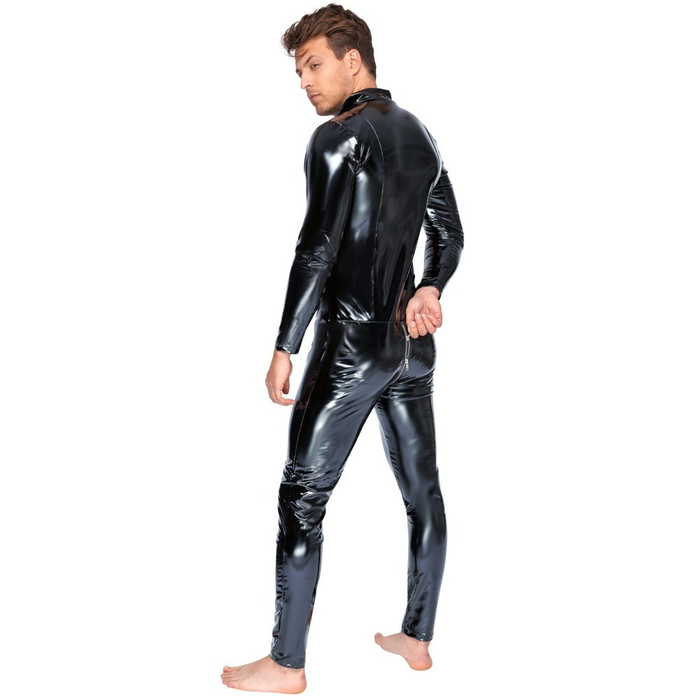 Level Black Zip-Front Vinyl Jumpsuit with Elegant Sheen
