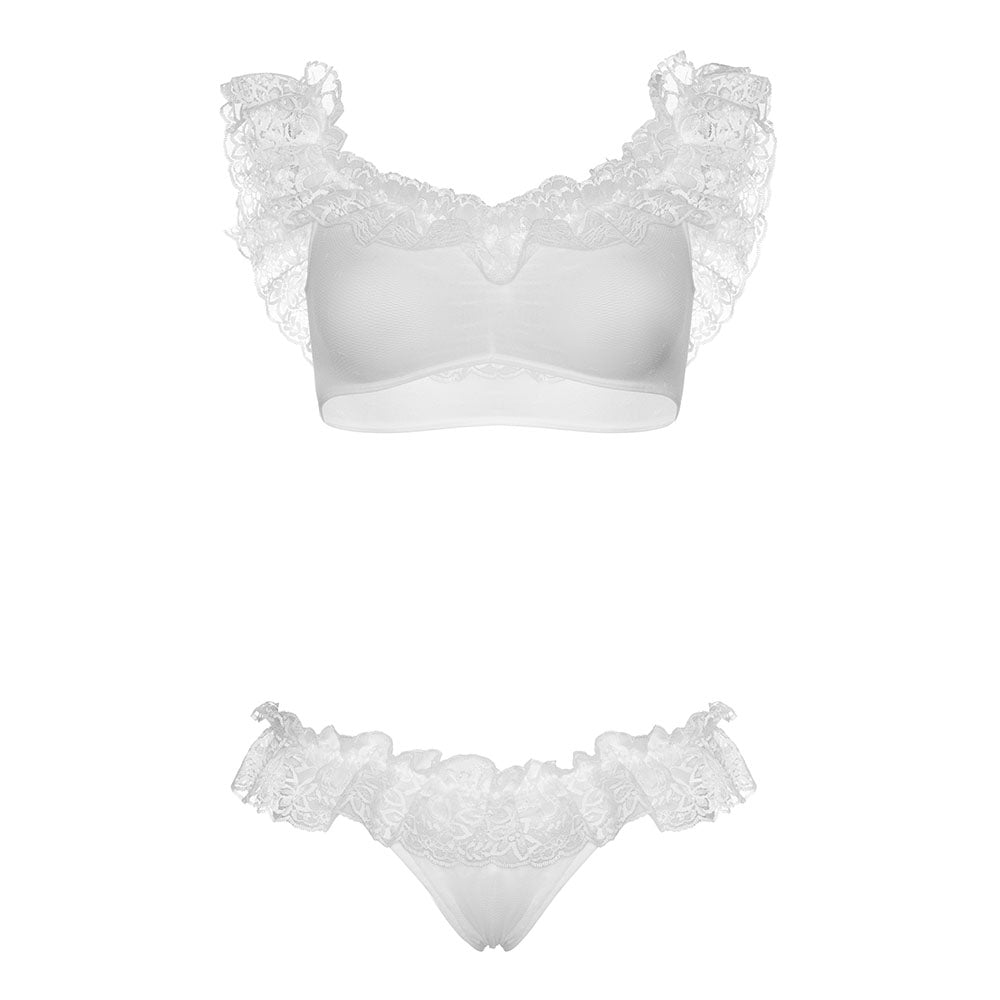Leg Avenue Black Lace Ruffle Crop Top and Thong Set UK 8-14