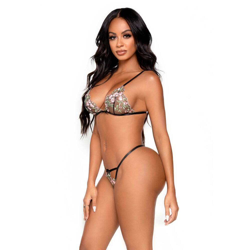 Leg Avenue Black Floral Sheer Bra and G-String Set