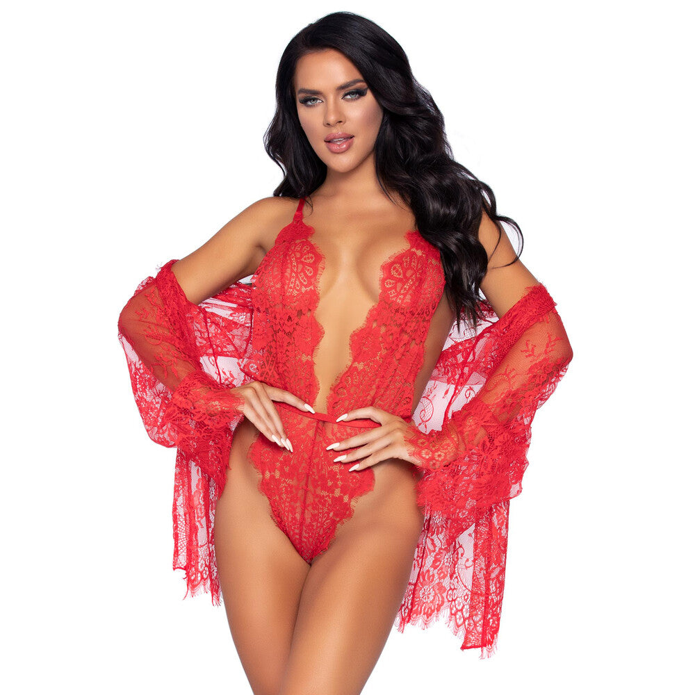 Leg Avenue Red Floral Lace Teddy and Robe Set