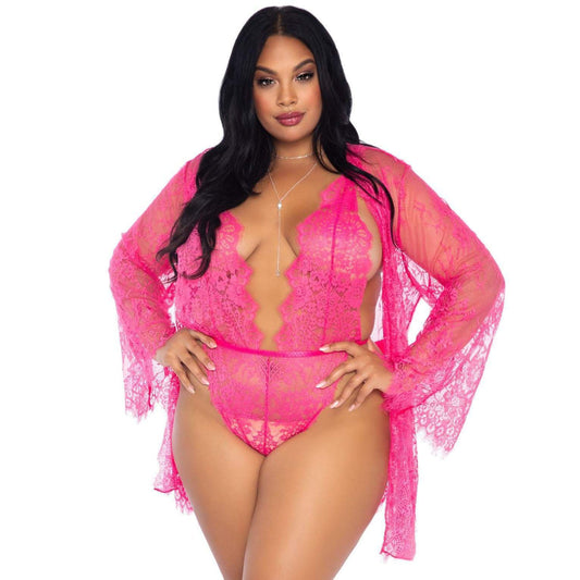 Leg Avenue Pink Floral Lace Teddy and Robe Set