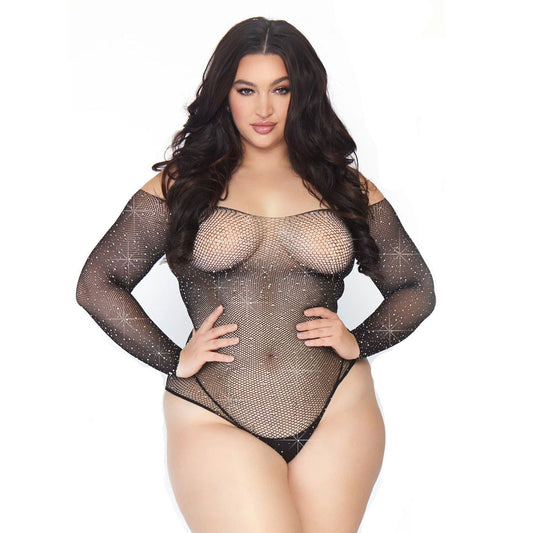 Leg Avenue Black Crystalized Long Sleeve Bodysuit UK 18 to 22