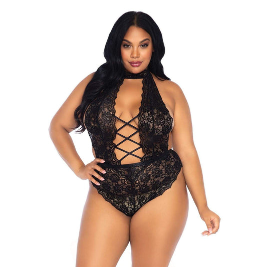 Leg Avenue Black Floral Lace Crotchless Teddy UK Size 18-22