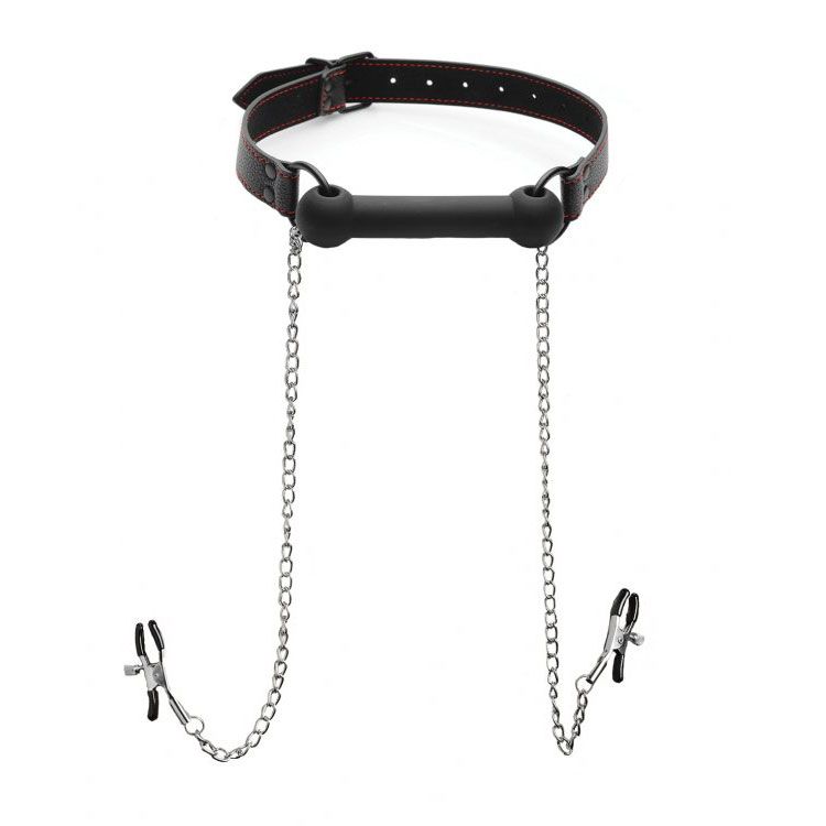 Silicone Dreams Red Adjustable Bit Gag with Nipple Clamps