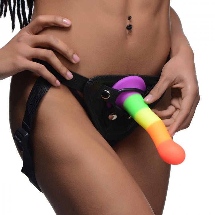 Proud Rainbow Silicone Dildo with Adjustable Harness