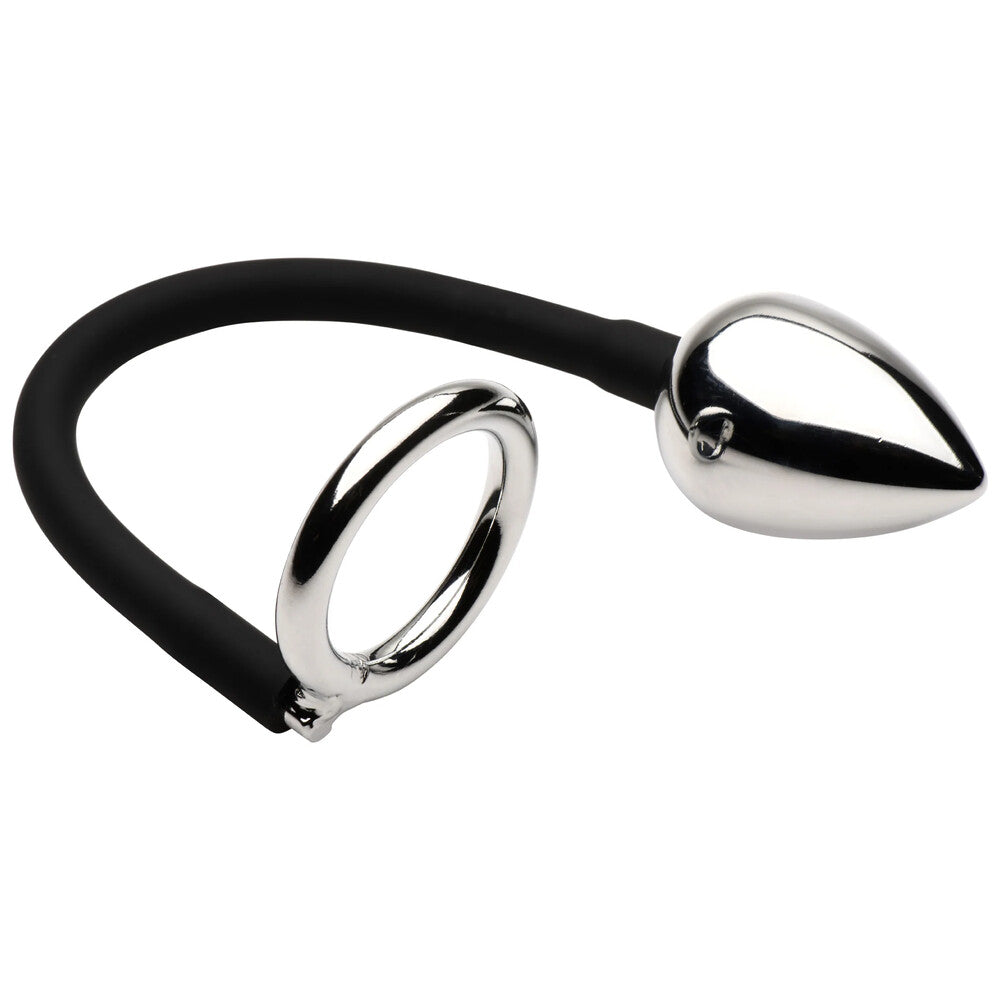 Master Series Silver Dual Action Tug Plug with Cock and Ball Ring