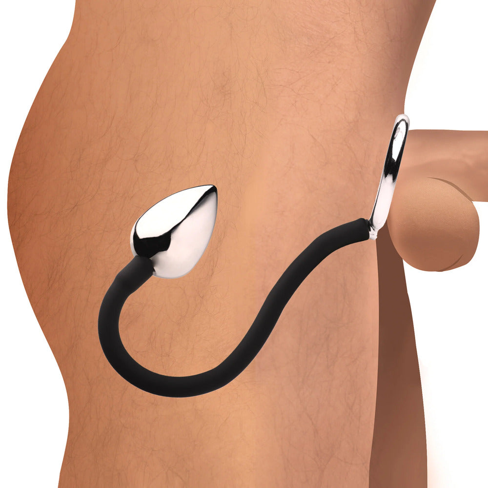 Master Series Silver Dual Action Tug Plug with Cock and Ball Ring