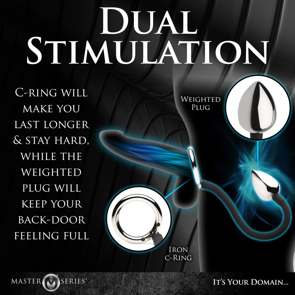 Master Series Silver Dual Action Tug Plug with Cock and Ball Ring