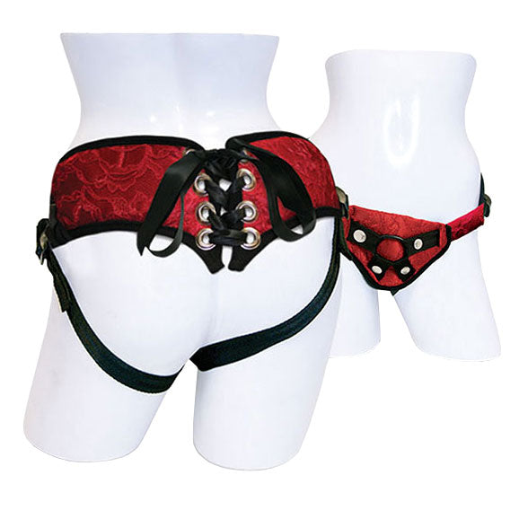 SportSheets Red Lace Satin Corset Strap-On with O-Rings