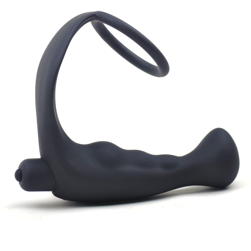 Silicone Pleasure Pro Black Anal Plug Vibrator with Cock Ring