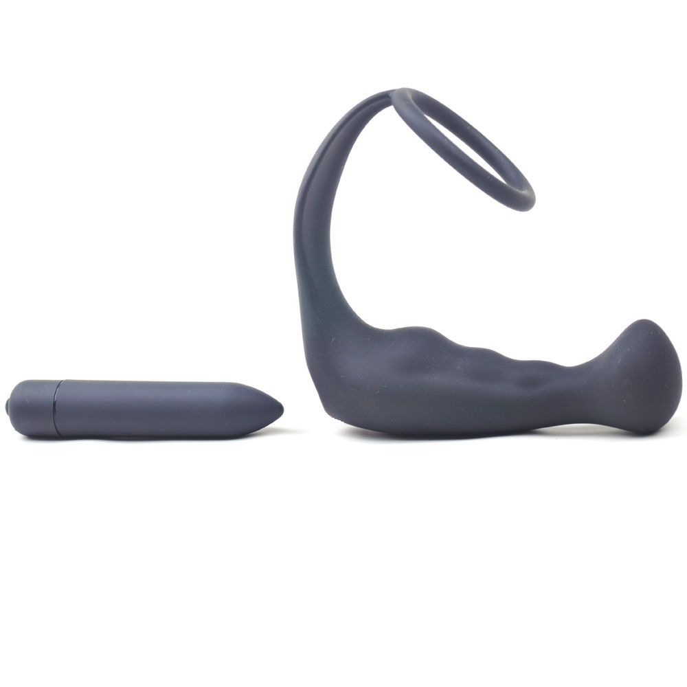 Silicone Pleasure Pro Black Anal Plug Vibrator with Cock Ring