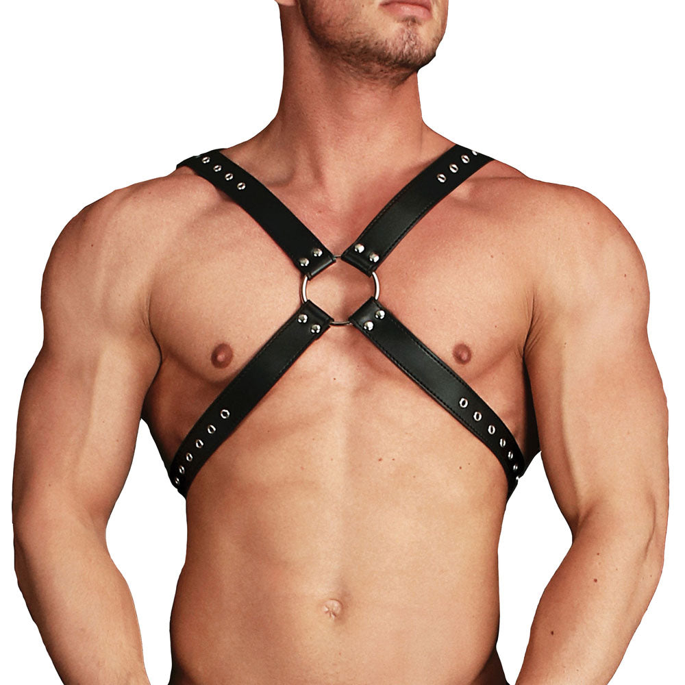 Ouch Black Adonis High Halter Leather Harness for Men
