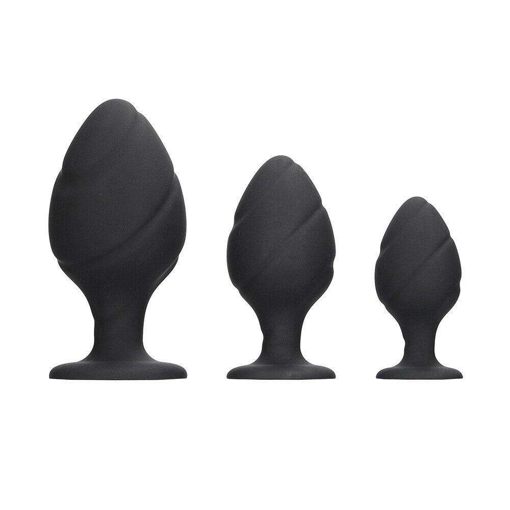 Ouch Black Silicone Swirled Butt Plug Set with Tapered Tip