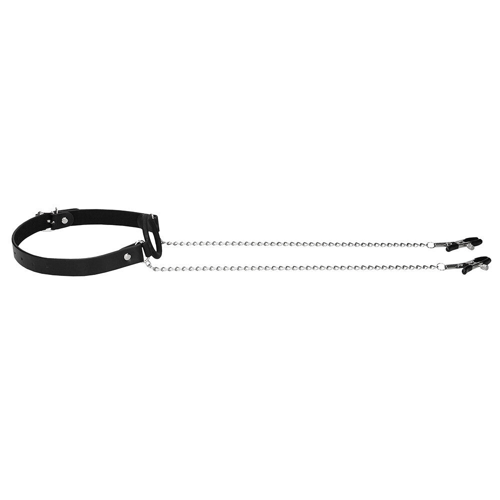 Ouch Black Silicone O Ring Gag with Nipple Clamps