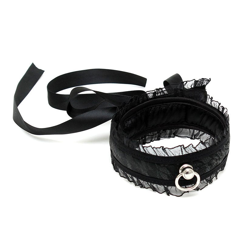 Elegant Satin Black Collar with O Ring and Lace Overlay
