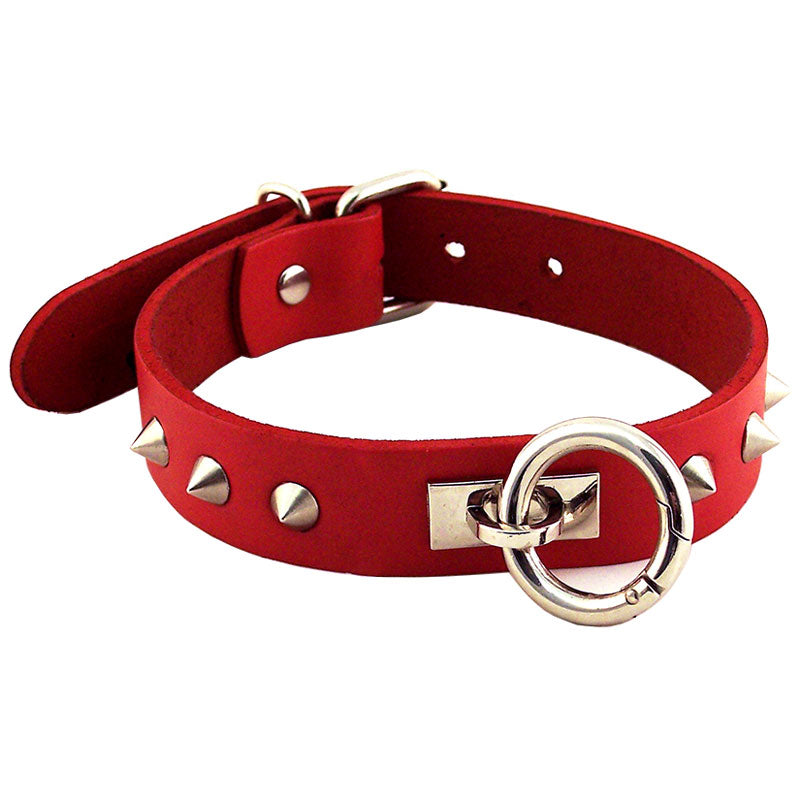Rouge Garments Red Leather Studded O Ring Collar Unisex