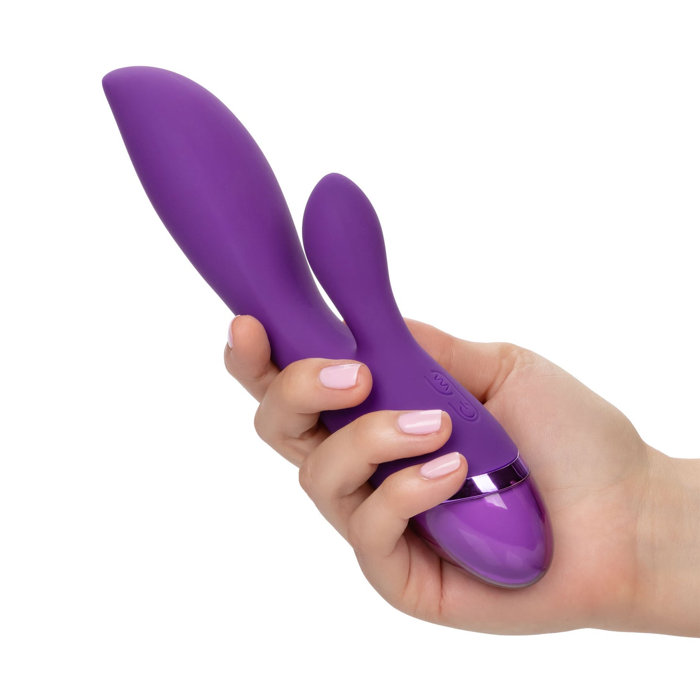 A person holding the California Exotic Aura Dual Lover Rechargeable Vibrator