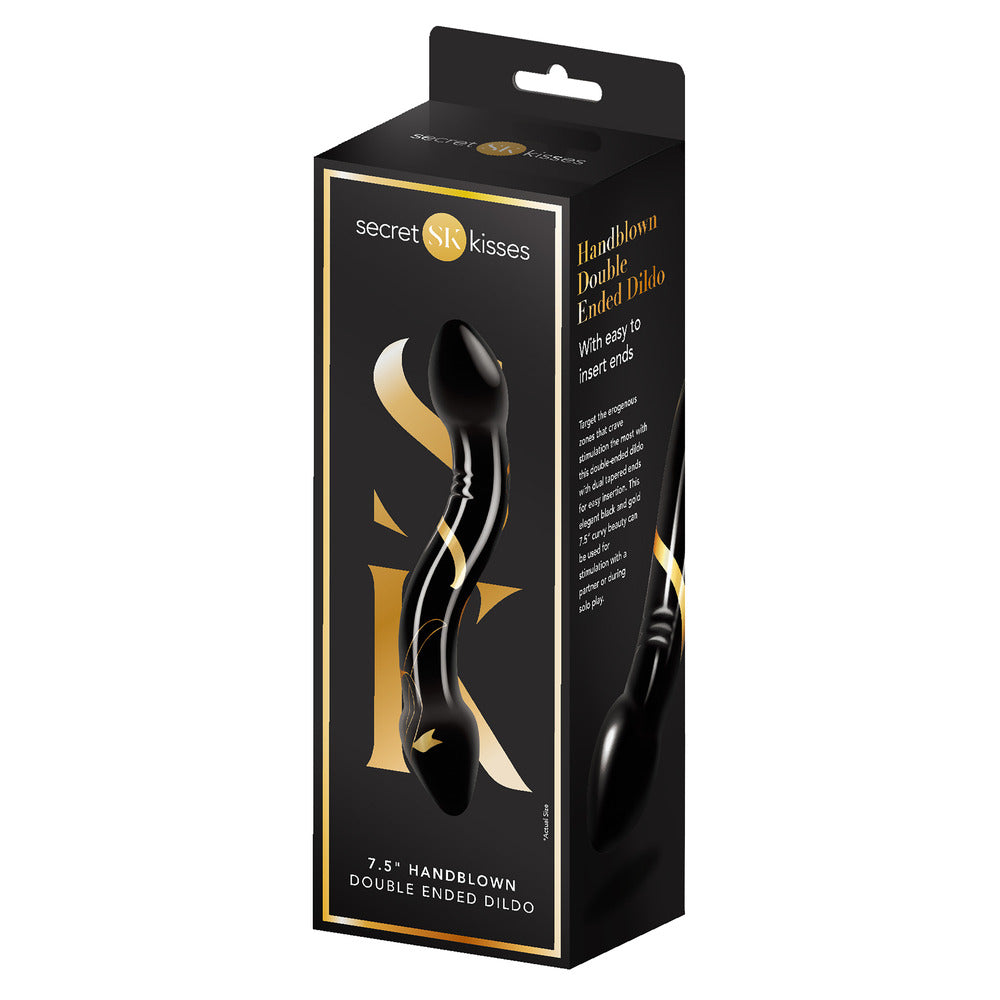 Secret Kisses Black and Gold 7.5 Inch Double Ended Glass Dildo